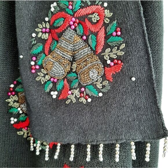 WHITE STAG Vintage Embroidery & Bead Work Christmas Bells Cardigan Sweater Sz XL - Picture 5 of 16